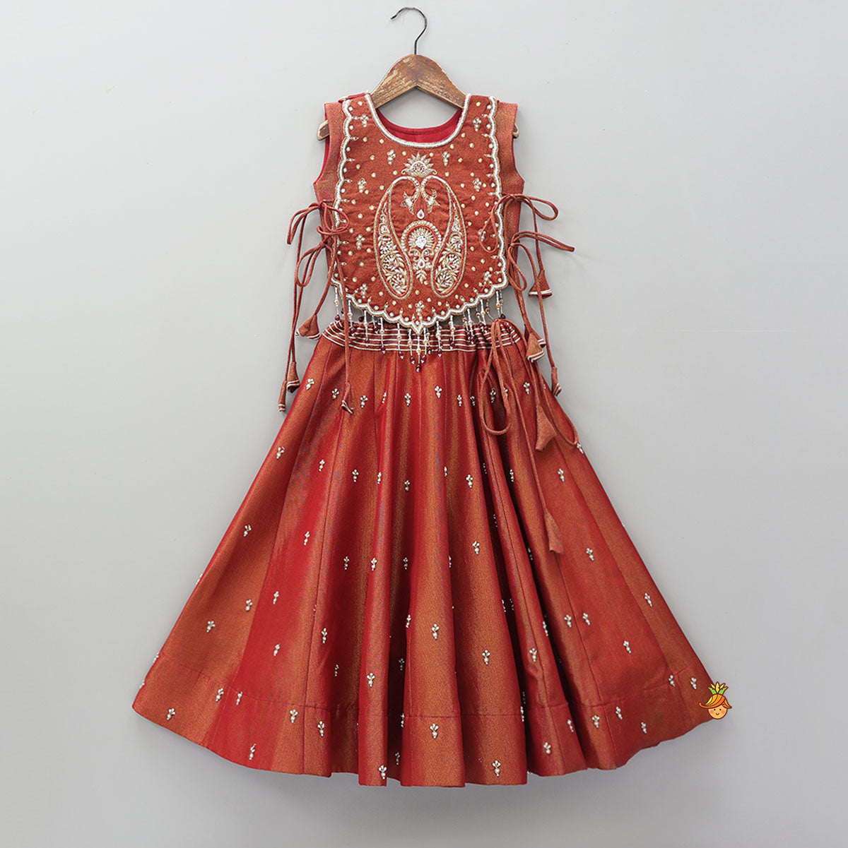 Pre Order: Shimmery Crop Top With Heavy Embroidered Cape And Lehenga
