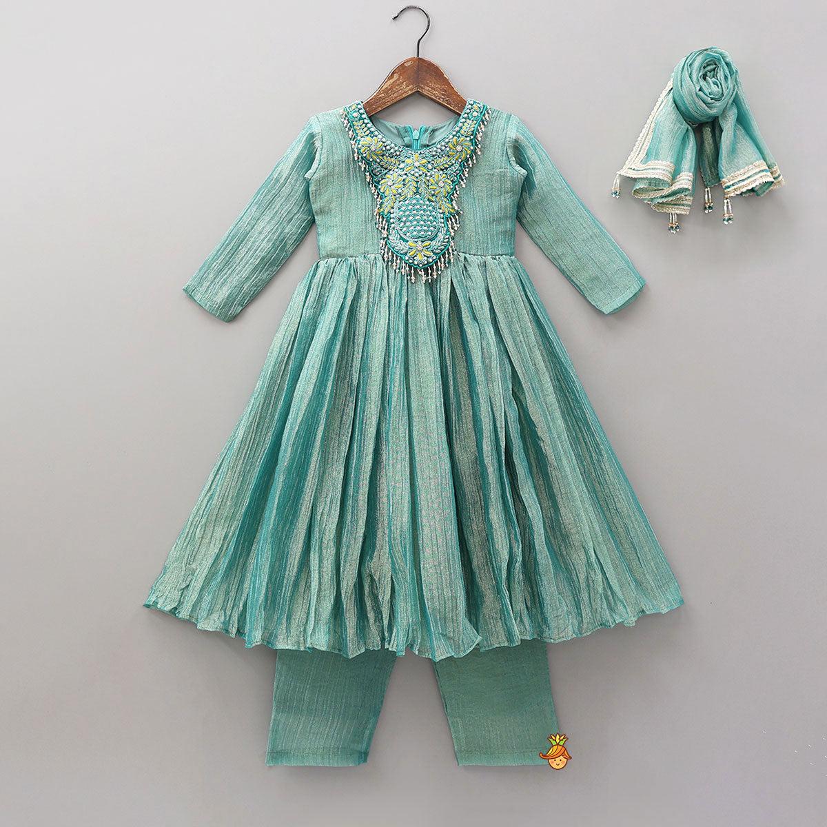 Pre Order: Shimmery Crush Tissue Kurti And Pant With Matching Dupatta