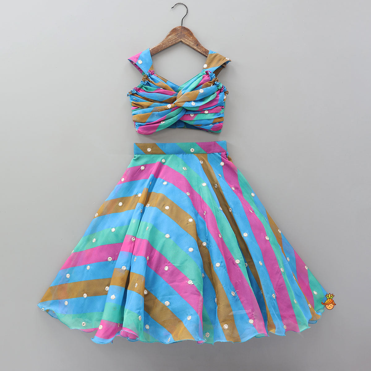 Twisted Gathered Crop Top With Faux Mirror Work And Multicolour Lehenga