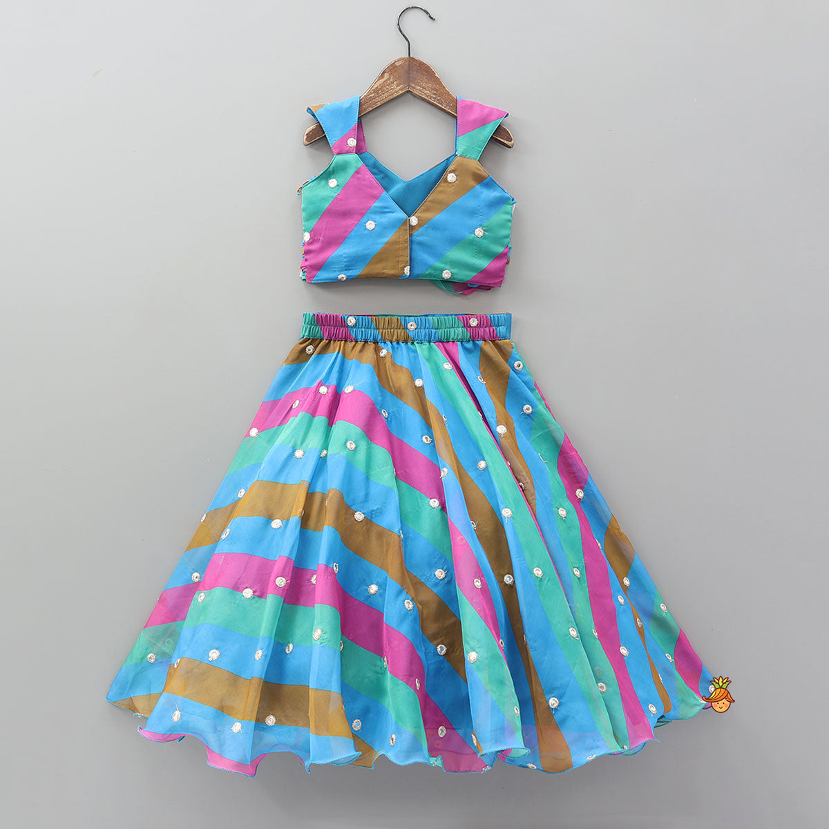 Twisted Gathered Crop Top With Faux Mirror Work And Multicolour Lehenga