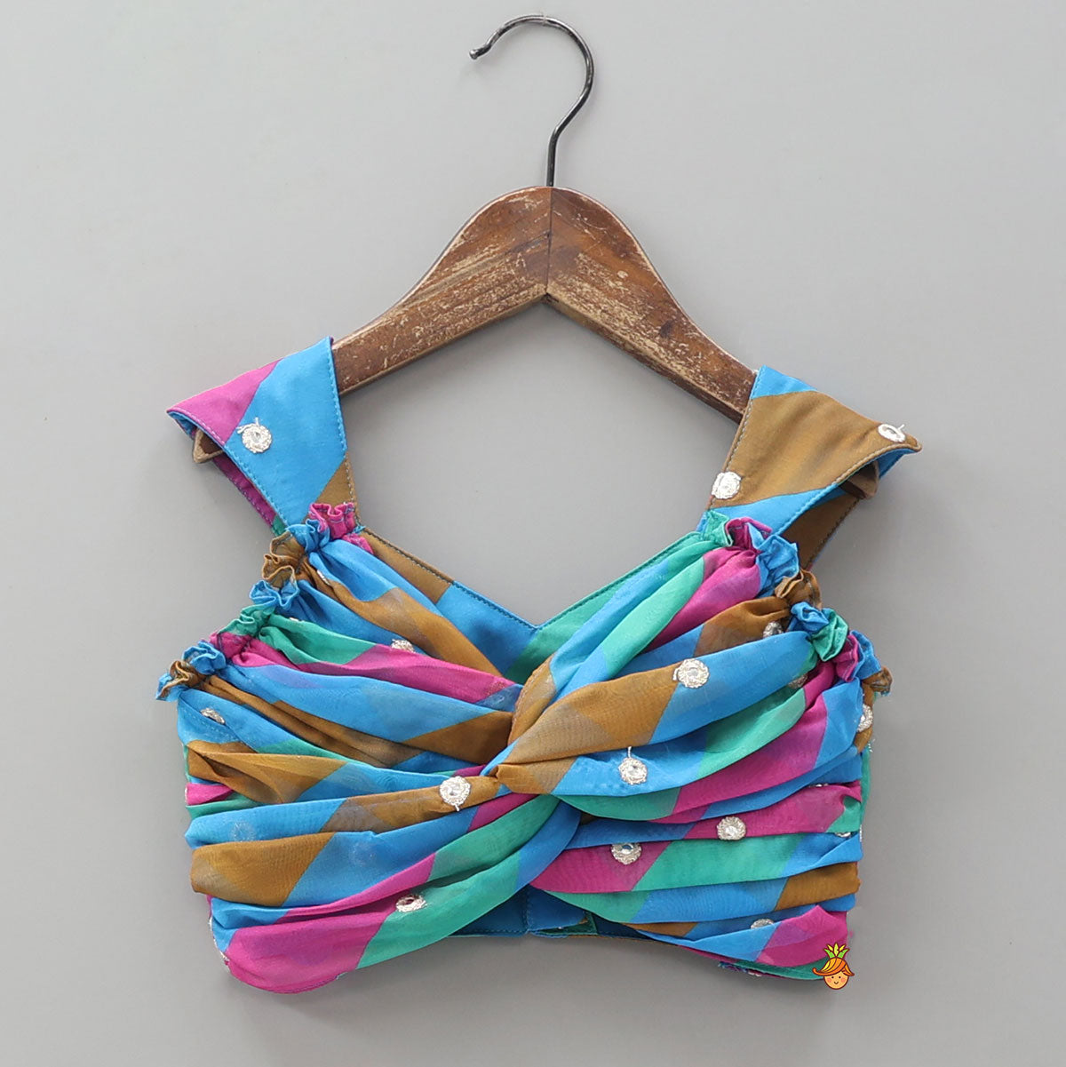 Twisted Gathered Crop Top With Faux Mirror Work And Multicolour Lehenga