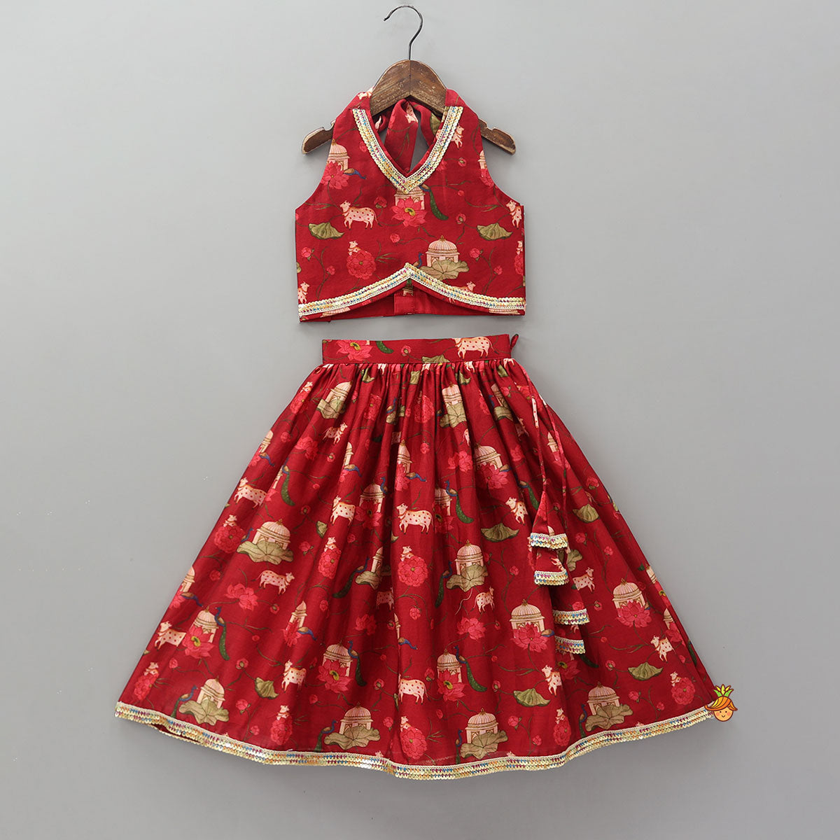 Pre Order: Ethnic Print Halter Neck Crop Top With Flared Lehenga