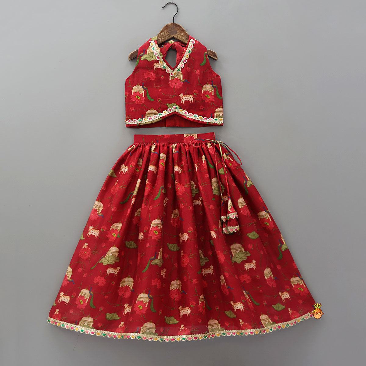 Pre Order: Ethnic Print Halter Neck Crop Top With Flared Lehenga