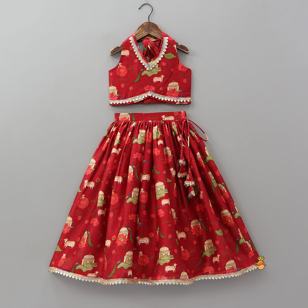 Pre Order: Ethnic Print Halter Neck Crop Top With Flared Lehenga