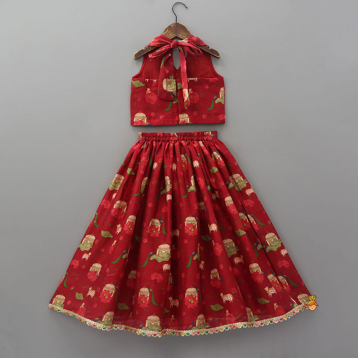 Pre Order: Ethnic Print Halter Neck Crop Top With Flared Lehenga