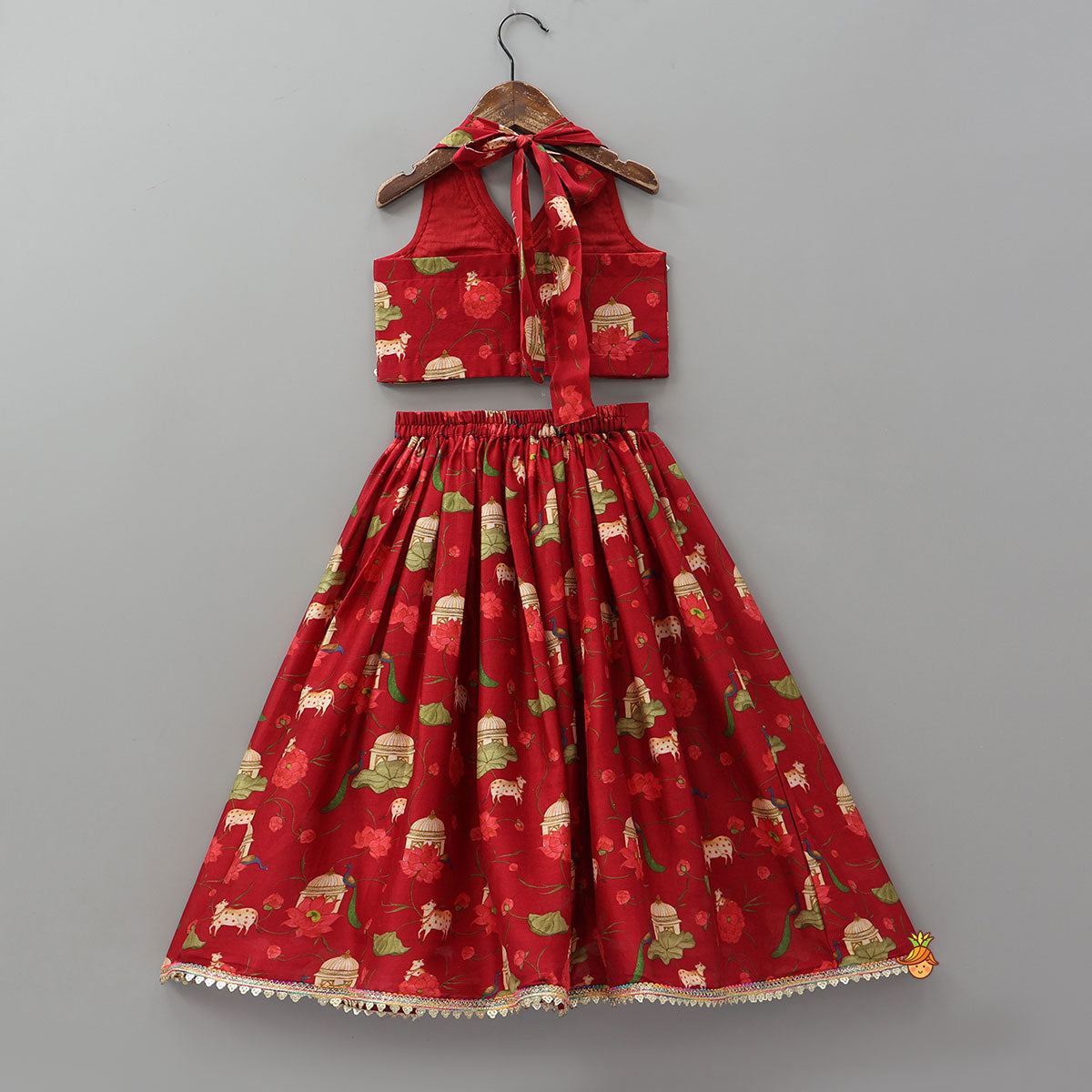 Pre Order: Ethnic Print Halter Neck Crop Top With Flared Lehenga