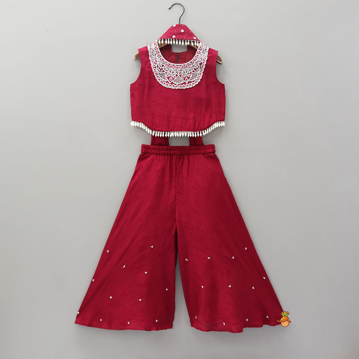 Pre Order: Mysore Silk Beaded Tassel Top And Palazzo Set With Organza Dupatta