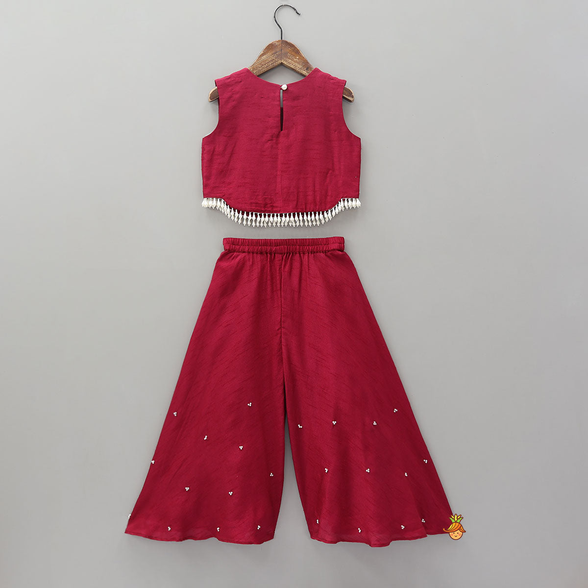 Pre Order: Mysore Silk Beaded Tassel Top And Palazzo Set With Organza Dupatta