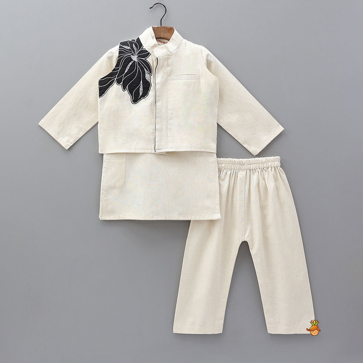 Pre Order: Elegant Kurta With Floral Applique Jacket And Pyjama
