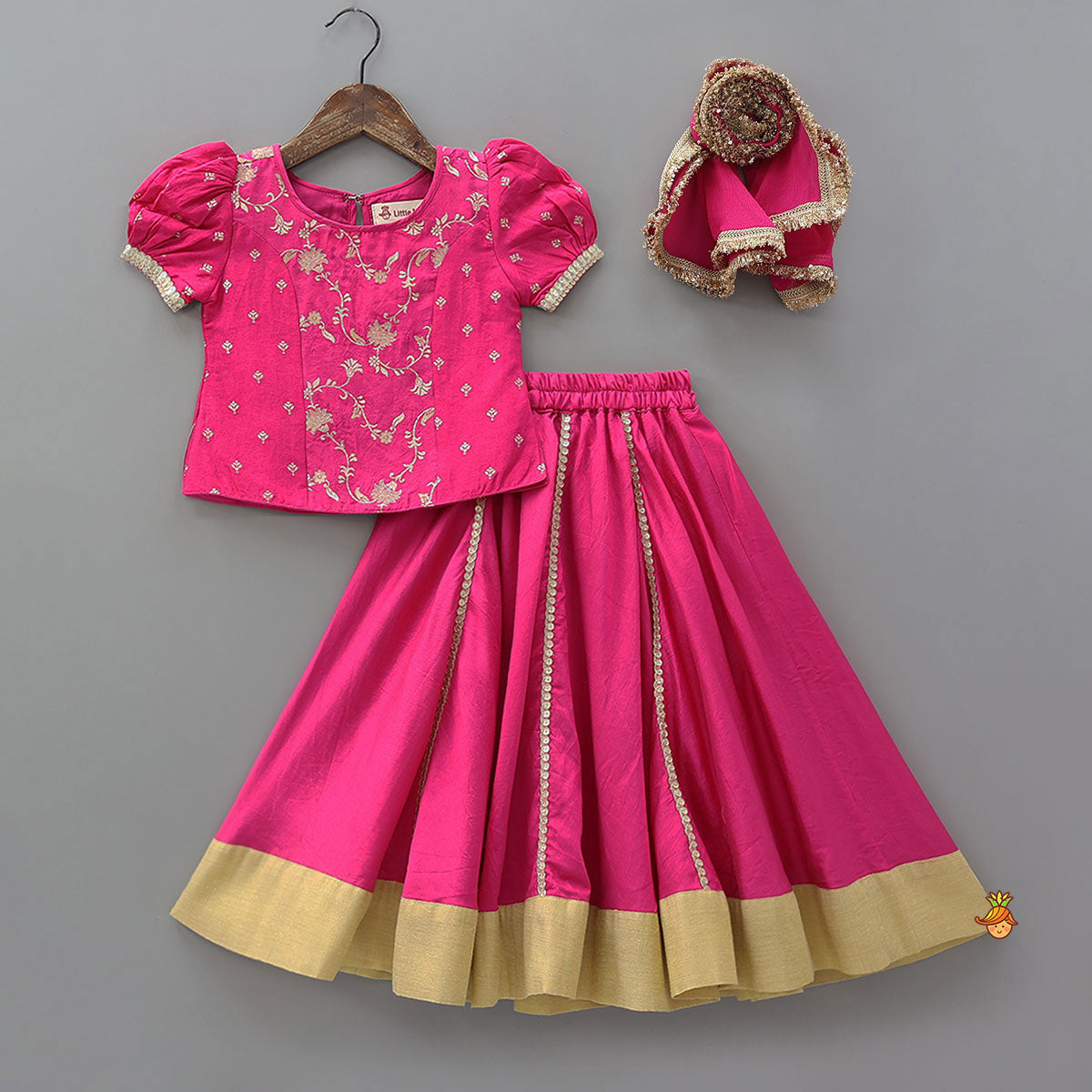 Floral Motif Work Top And Flared Lehenga With Matching Dupatta