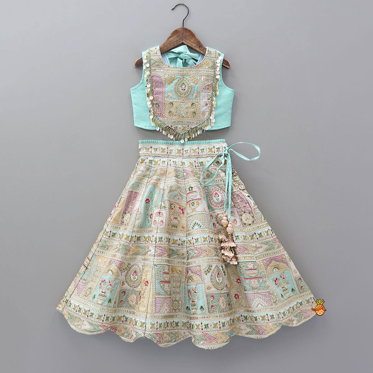 Pre Order: Elegant Zardozi Dori Embroidered Crop Top With Flared Lehenga
