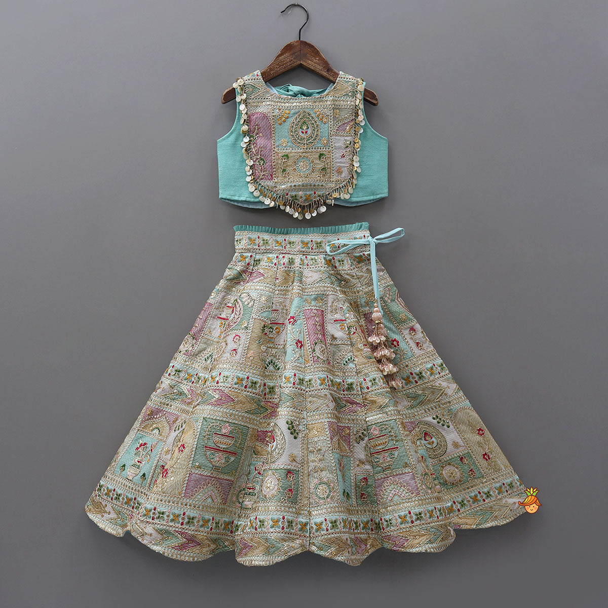 Pre Order: Elegant Zardozi Dori Embroidered Crop Top With Flared Lehenga