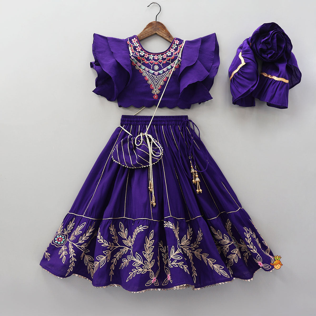 Pre Order: Ruffle Sleeves Top And Lace Work Lehenga With Matching Dupatta And Sling Bag