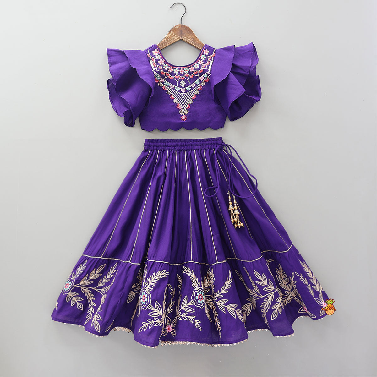 Pre Order: Ruffle Sleeves Top And Lace Work Lehenga With Matching Dupatta