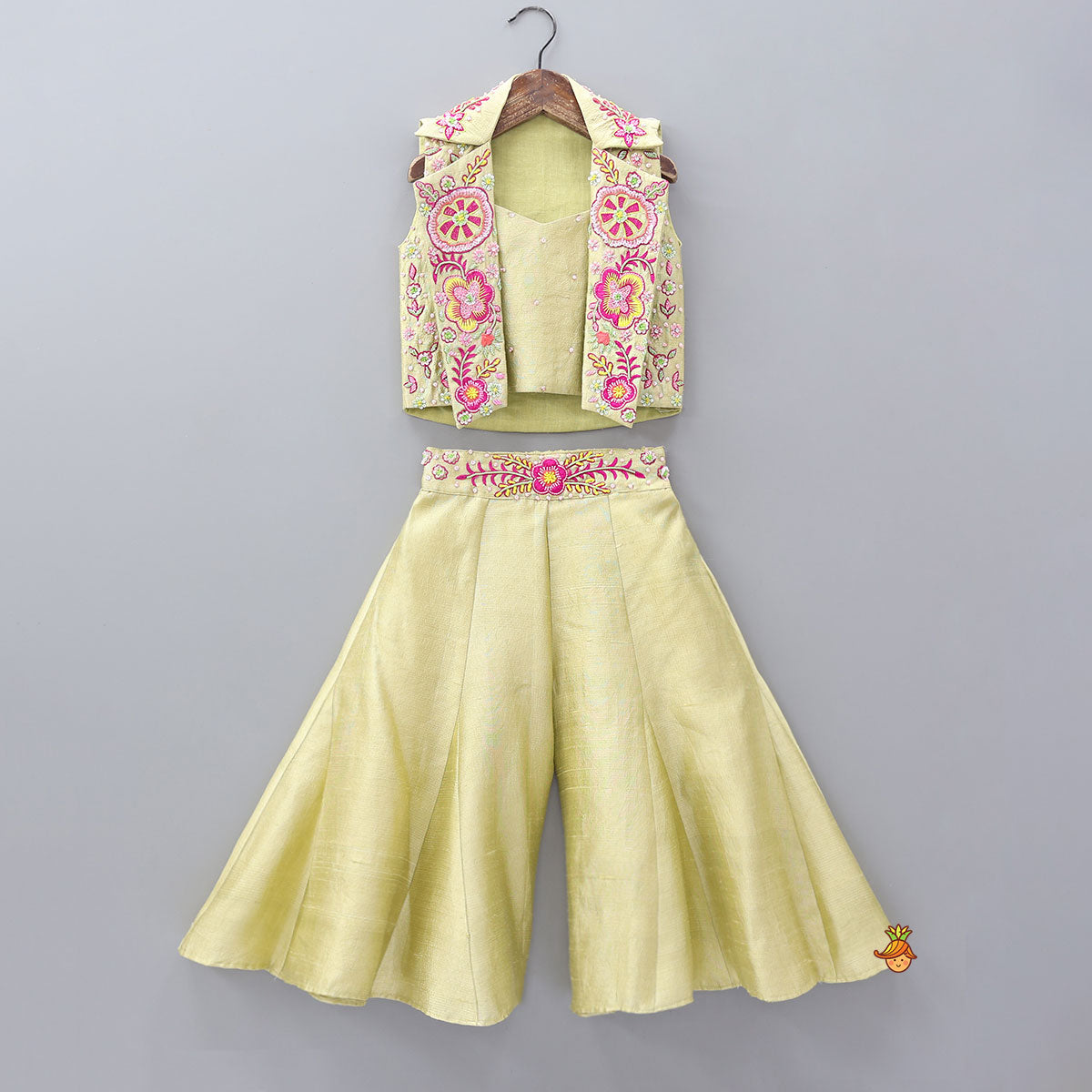 Pre Order: Strappy Crop Top With Intricate Embroidered Jacket And Palazzo