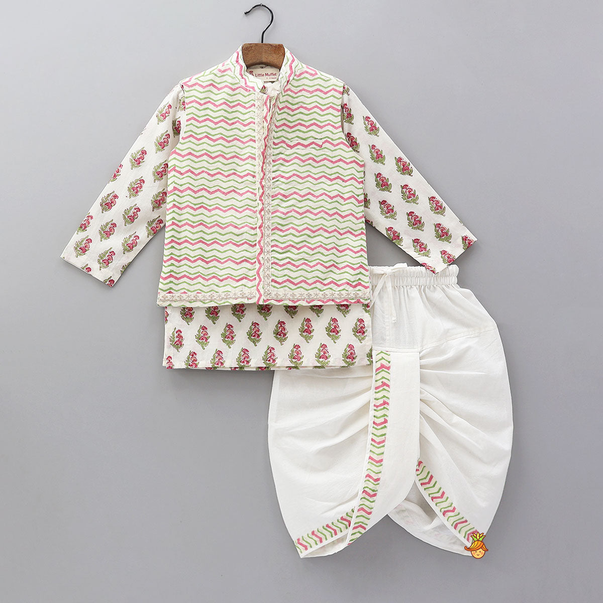 Pre Order: Floral Printed Kurta And Chevron Printed Jacket With Matching Dhoti