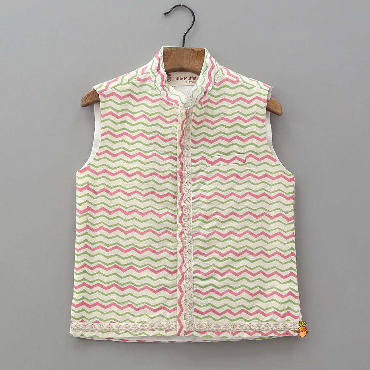 Pre Order: Floral Printed Kurta And Chevron Printed Jacket With Matching Dhoti