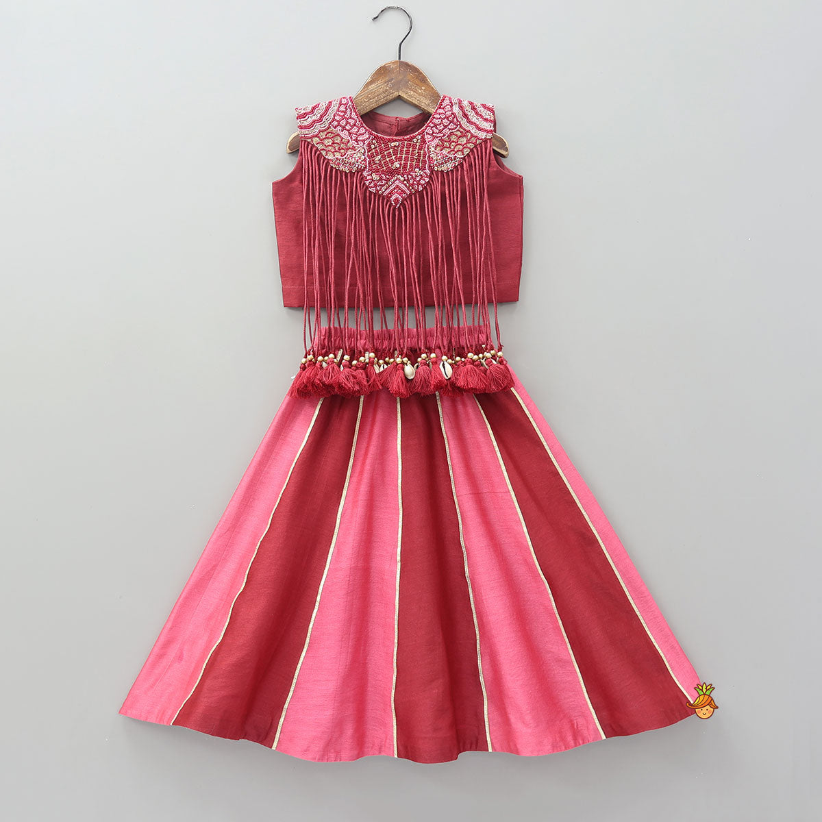 Pre Order: Hanging Fringe Tassel Crop Top And Lehenga