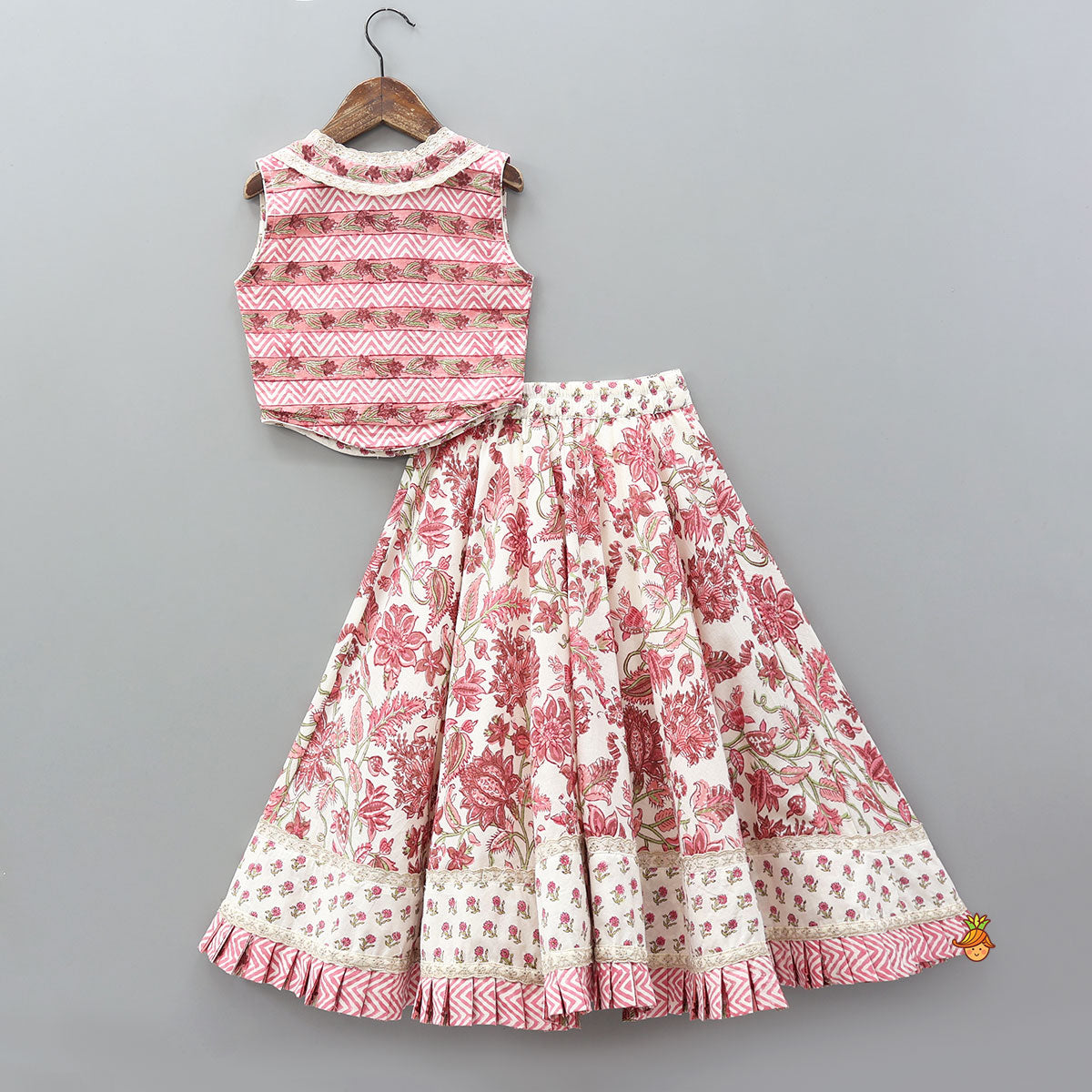 Pre Order: Hand Block Printed Crop Top And Pleated Hem Lehenga With Matching Dupatta