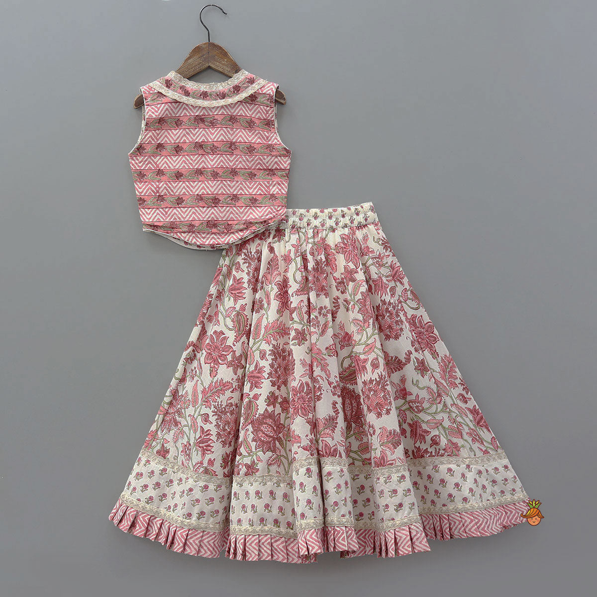 Pre Order: Hand Block Printed Crop Top And Pleated Hem Lehenga With Matching Dupatta