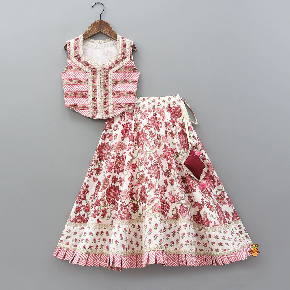 Pre Order: Hand Block Printed Crop Top And Pleated Hem Lehenga With Matching Dupatta