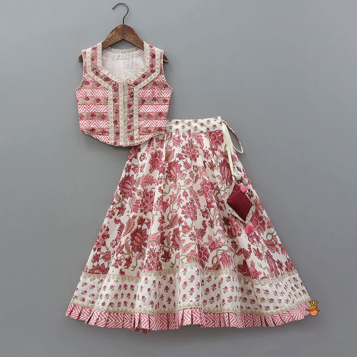Pre Order: Hand Block Printed Crop Top And Pleated Hem Lehenga With Matching Dupatta