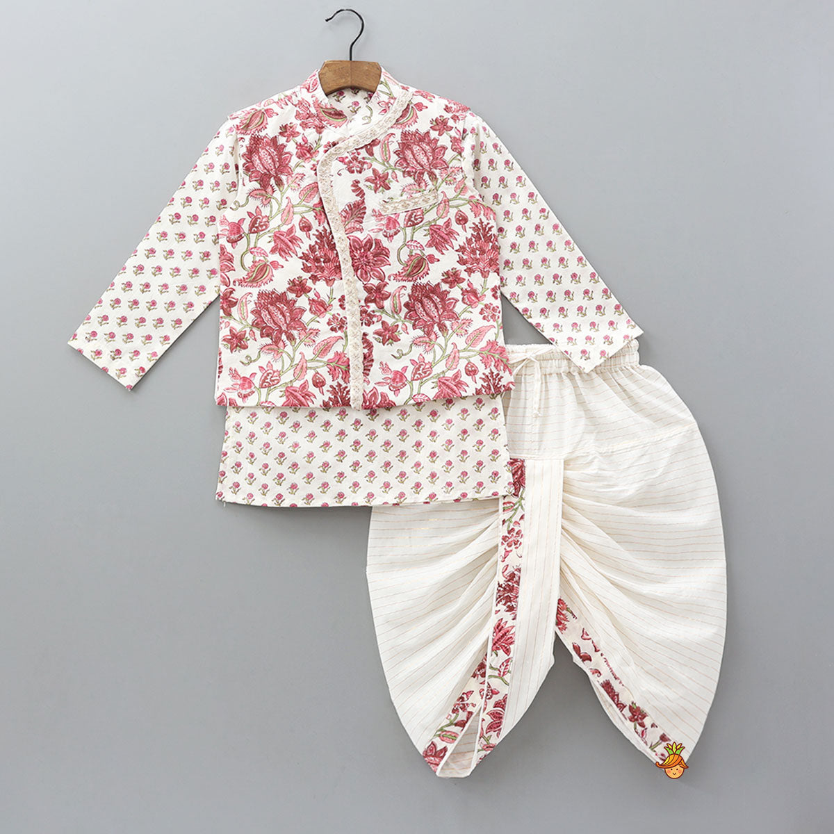 Pre Order: Floral Printed Kurta And Matching Jacket With Lurex Striped Dhoti