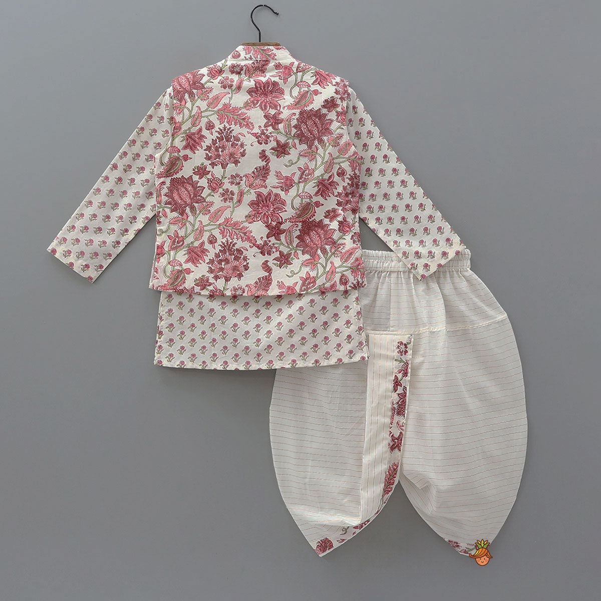 Pre Order: Floral Printed Kurta And Matching Jacket With Lurex Striped Dhoti