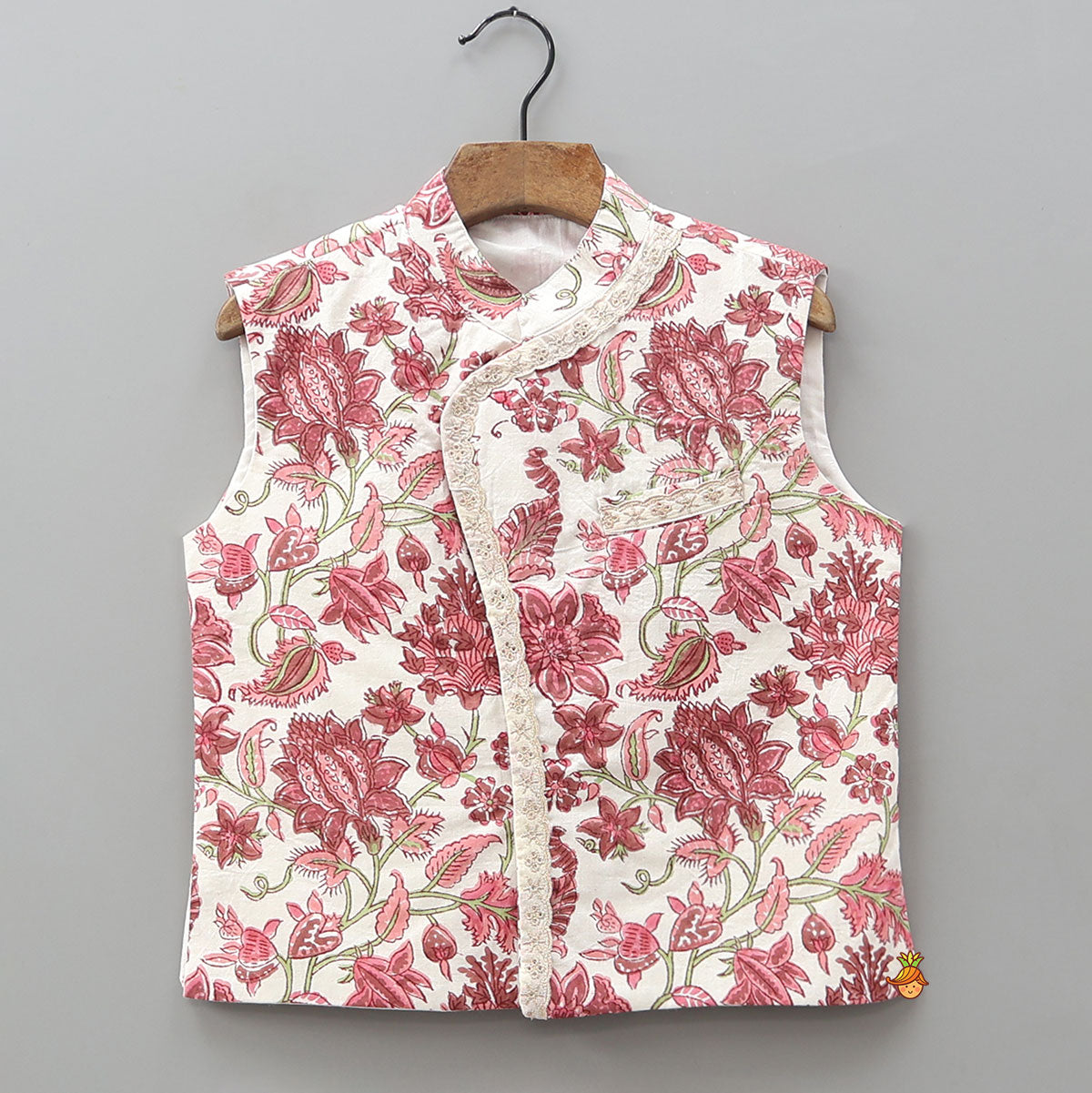 Pre Order: Floral Printed Kurta And Matching Jacket With Lurex Striped Dhoti