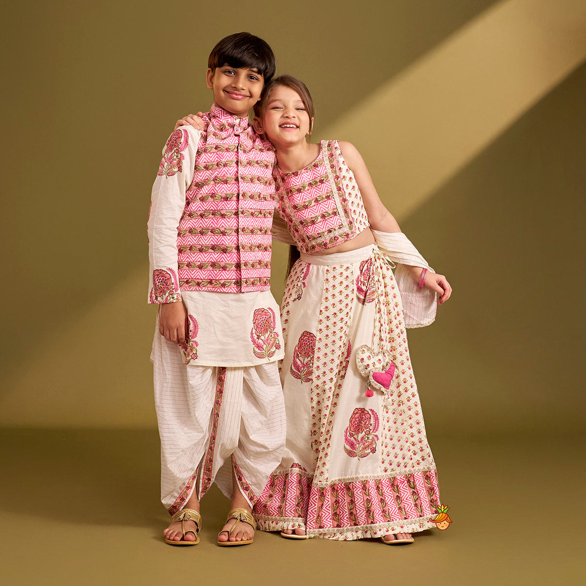 Hand Block Floral Printed Top And Pleated Hem Lehenga With Matching Dupatta twinning model image 1