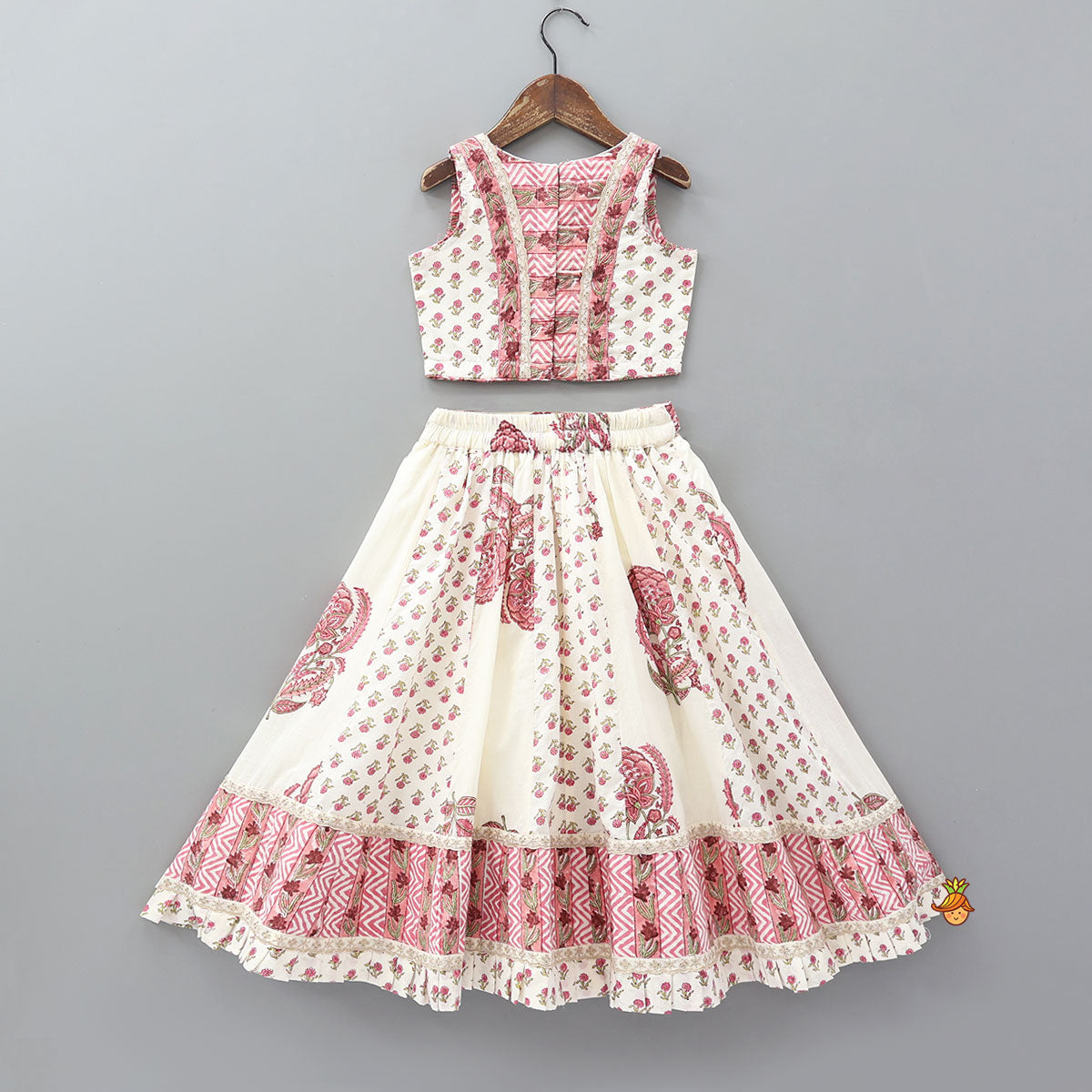 Pre Order: Hand Block Floral Printed Top And Pleated Hem Lehenga With Matching Dupatta