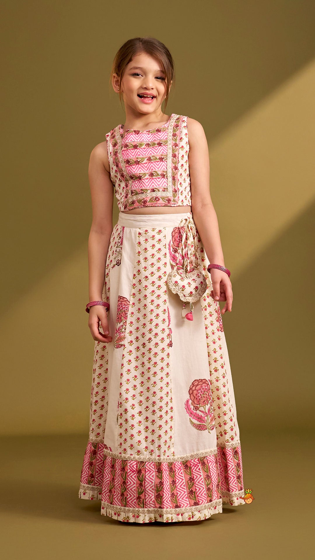 Pre Order: Hand Block Floral Printed Top And Pleated Hem Lehenga With Matching Dupatta