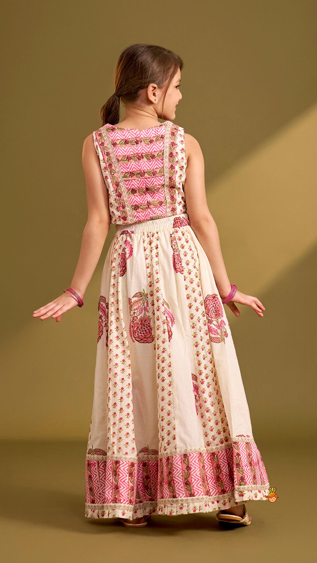 Pre Order: Hand Block Floral Printed Top And Pleated Hem Lehenga With Matching Dupatta