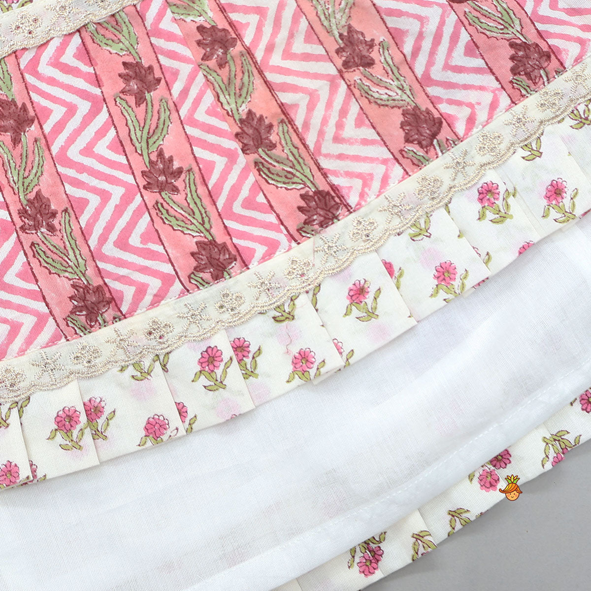 Pre Order: Hand Block Floral Printed Top And Pleated Hem Lehenga With Matching Dupatta
