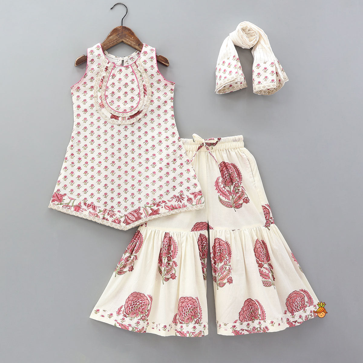 Pre Order: Floral Stylish Kurti And Insert Pocket Sharara With Matching Dupatta