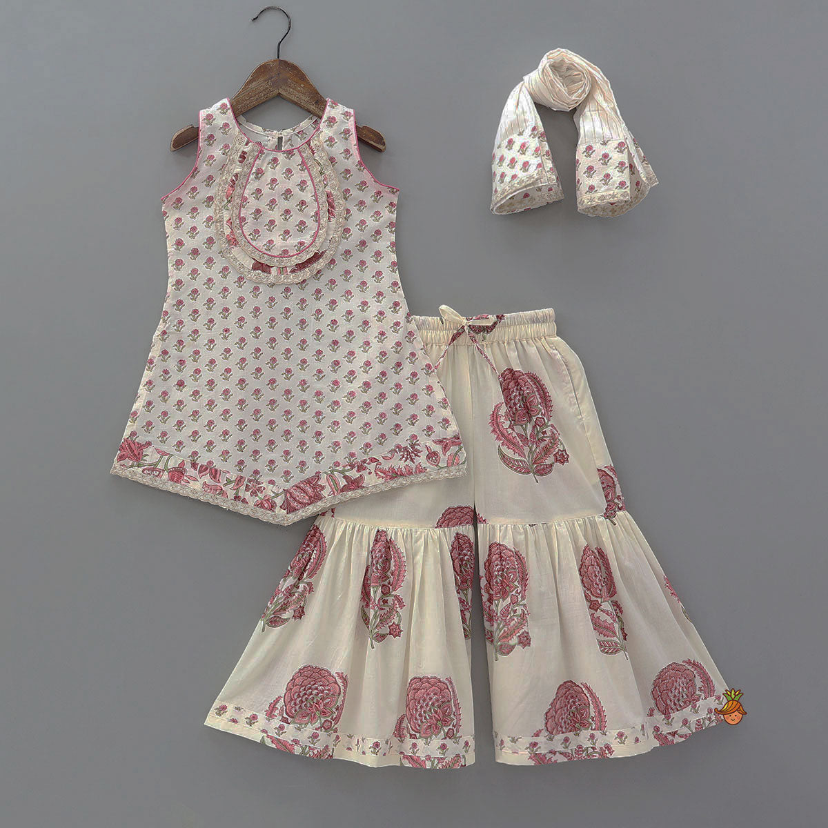 Pre Order: Floral Stylish Kurti And Insert Pocket Sharara With Matching Dupatta