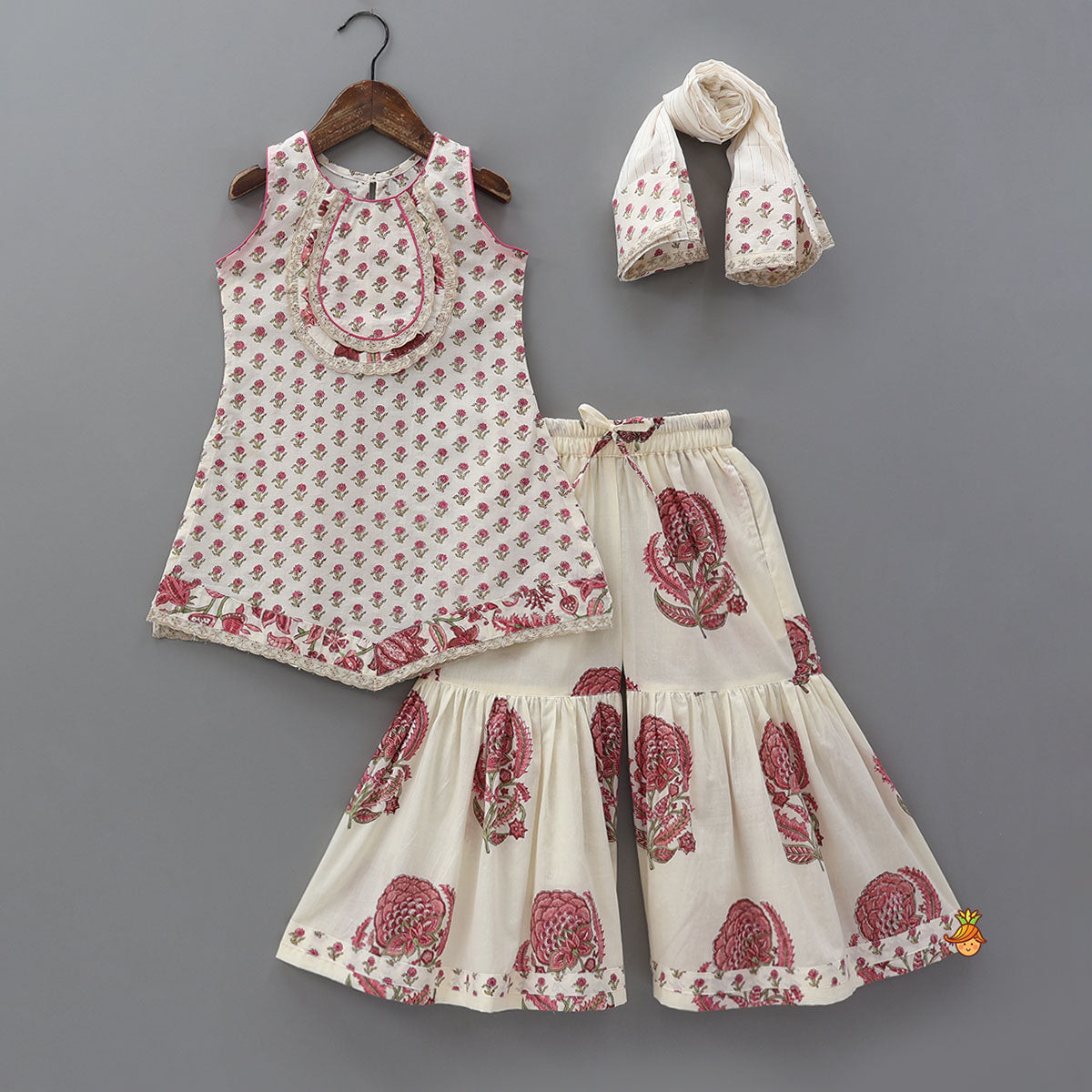 Pre Order: Floral Stylish Kurti And Insert Pocket Sharara With Matching Dupatta