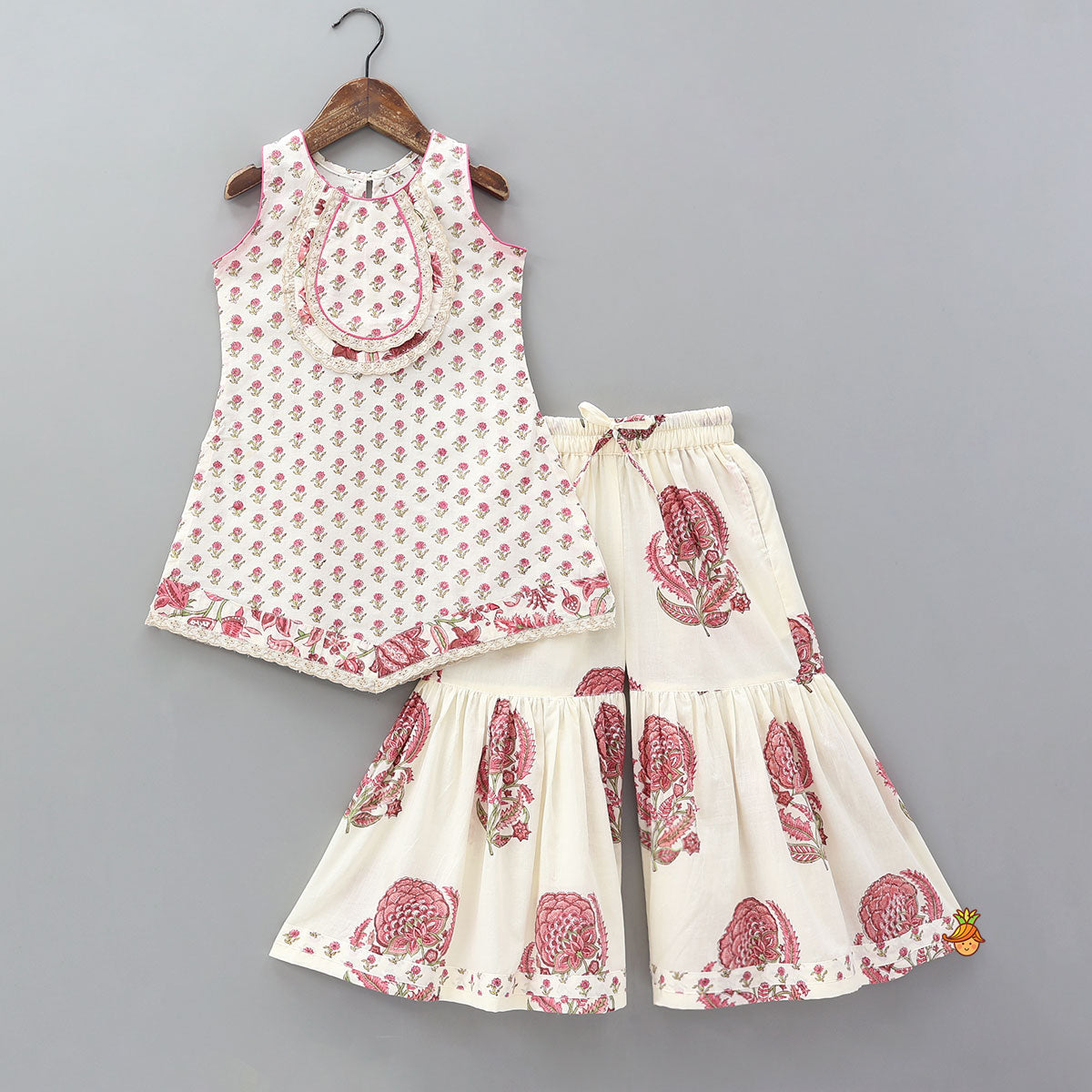 Pre Order: Floral Stylish Kurti And Insert Pocket Sharara With Matching Dupatta