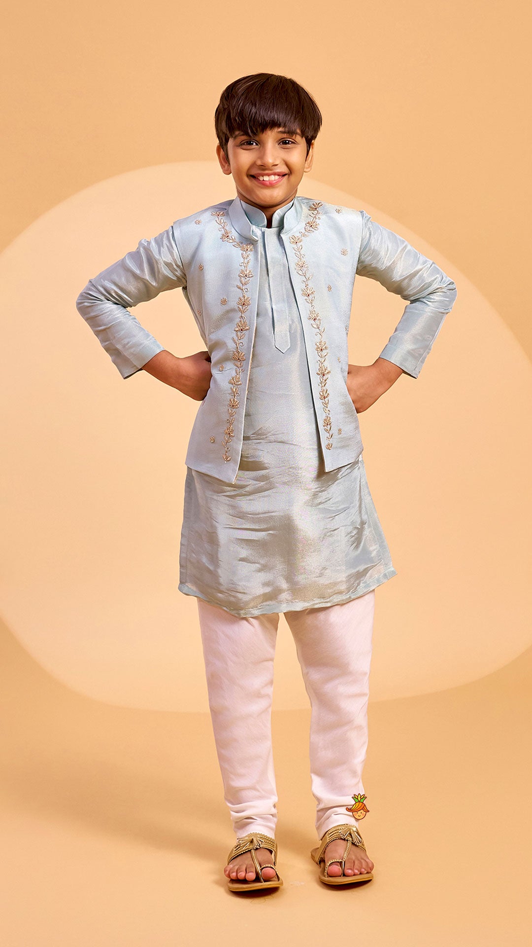 Shimmery Kurta With Open Jacket And Churidar