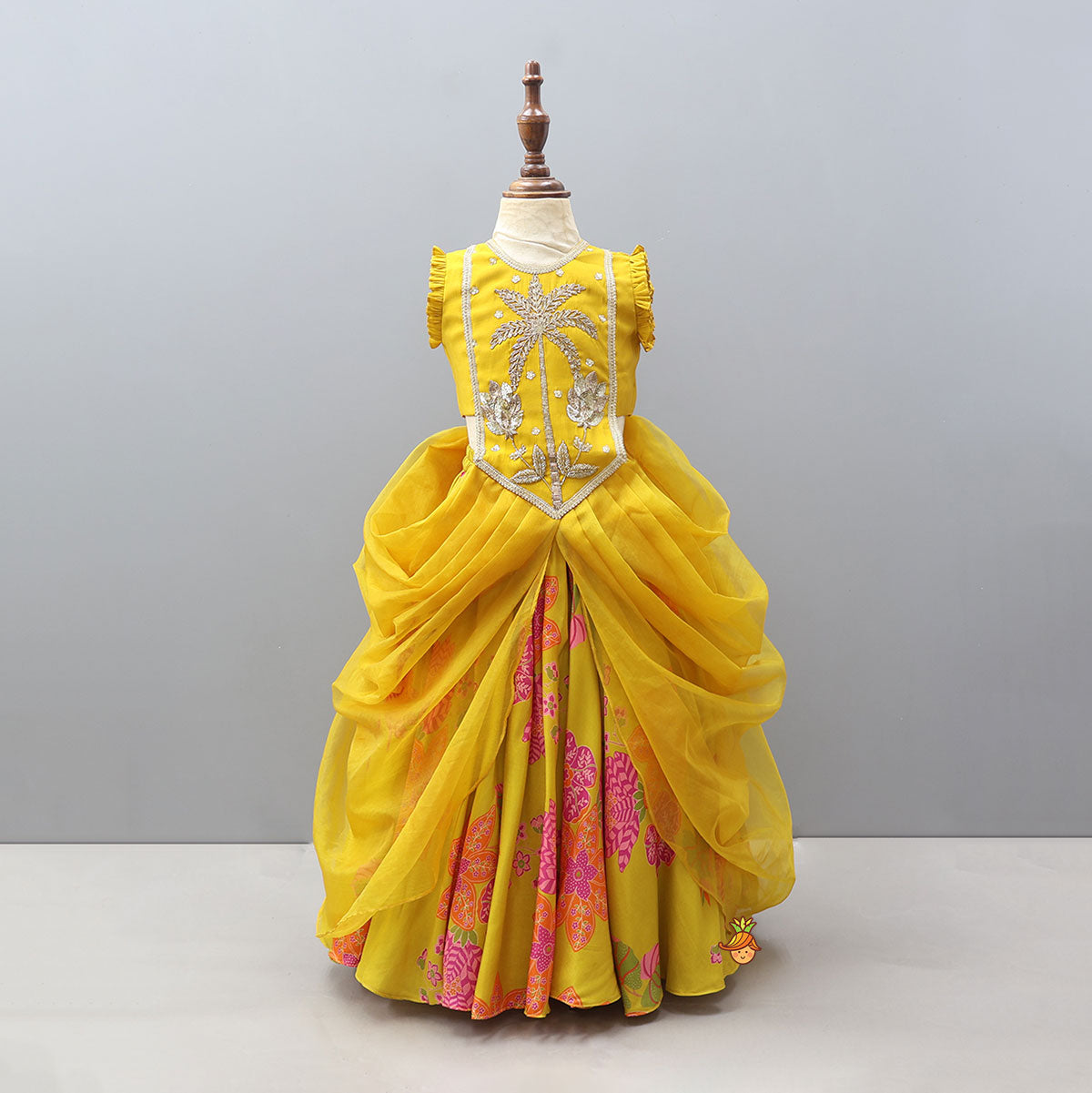 Pre Order: Stylish Pleated Drape Top And Printed Lehenga