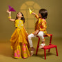 Stylish Pleated Drape Top And Printed Lehenga twinning model image 3