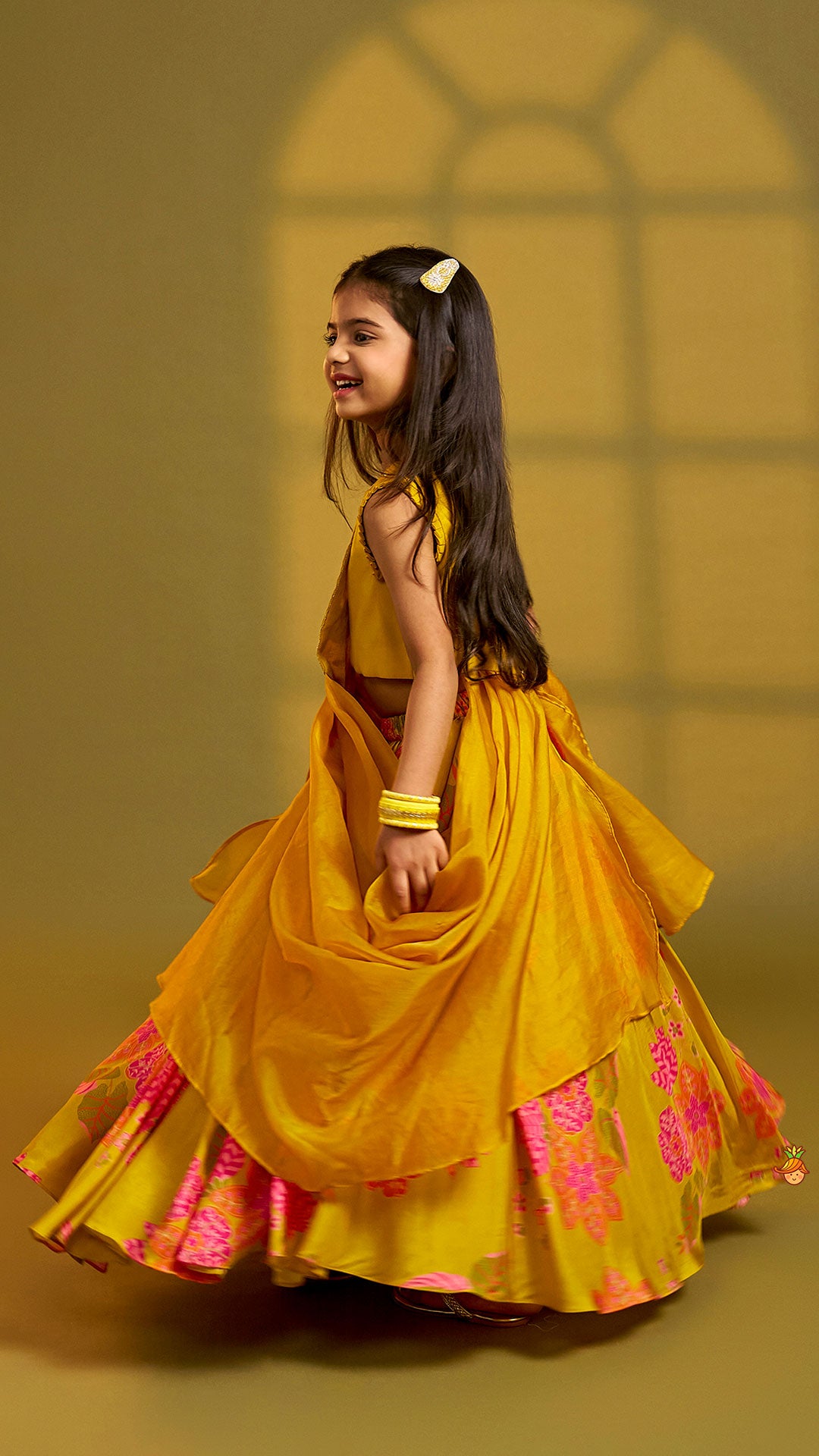 Pre Order: Stylish Pleated Drape Top And Printed Lehenga