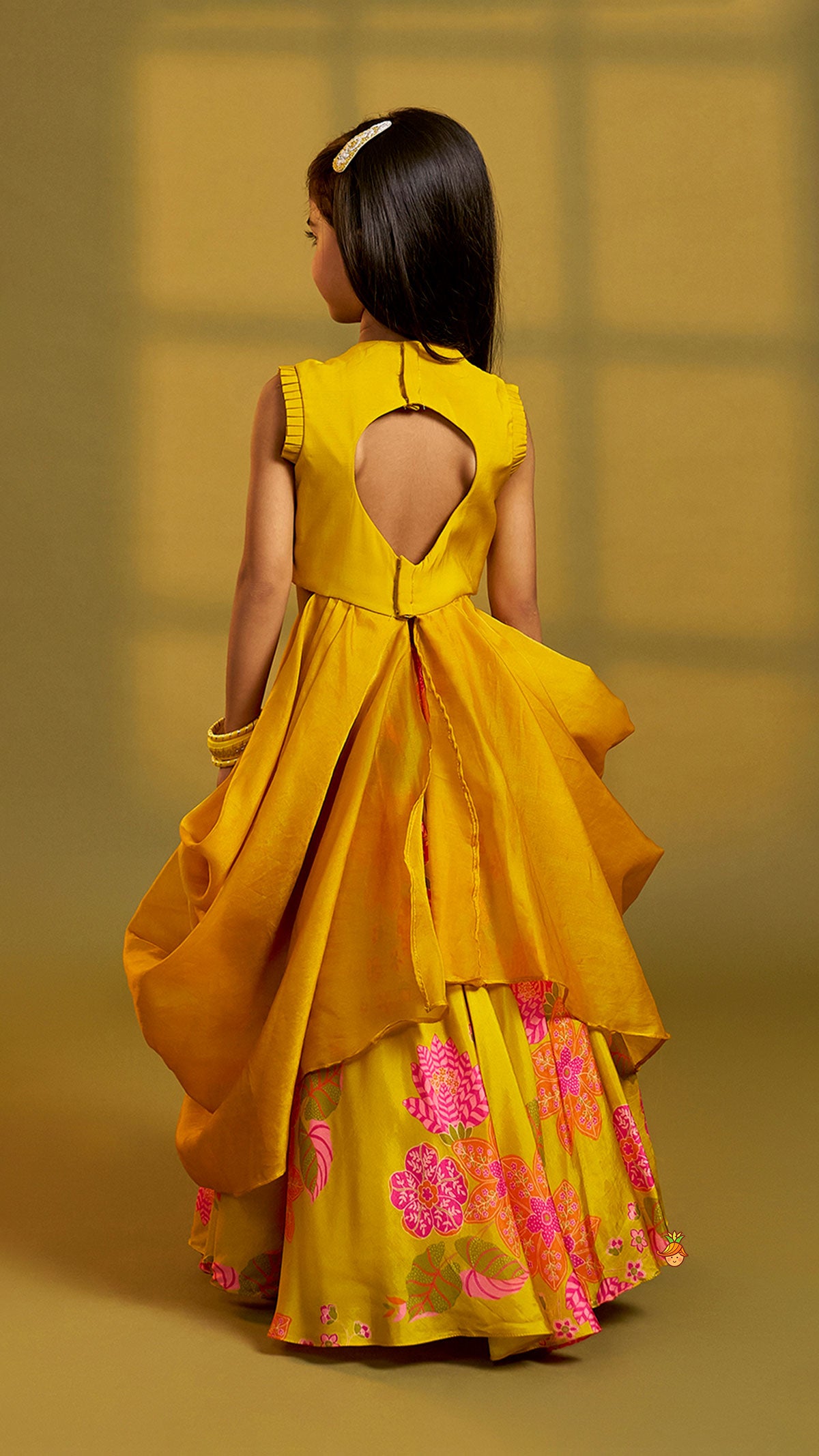 Pre Order: Stylish Pleated Drape Top And Printed Lehenga