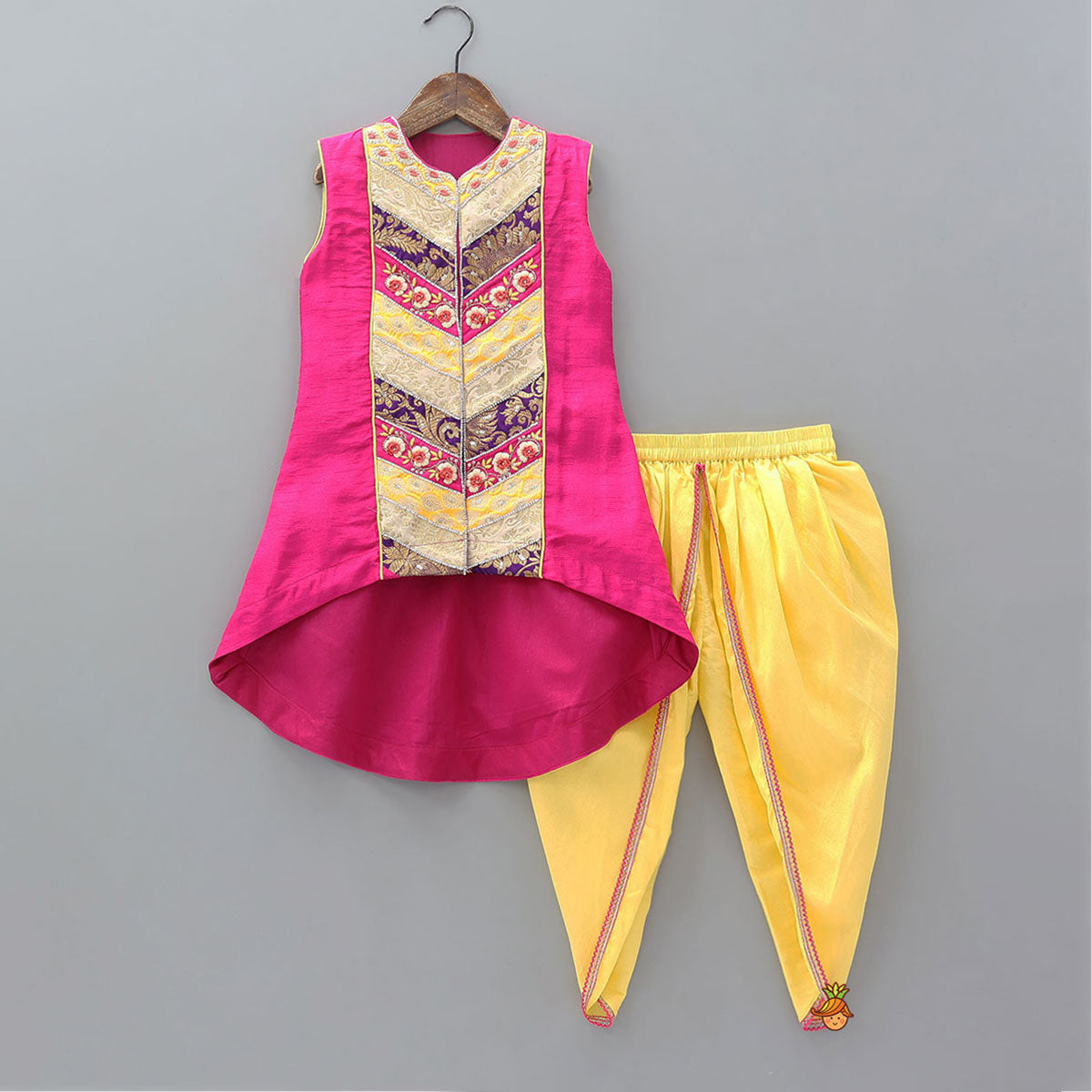 Patchwork Embroidered High Low Kurti With Dhoti