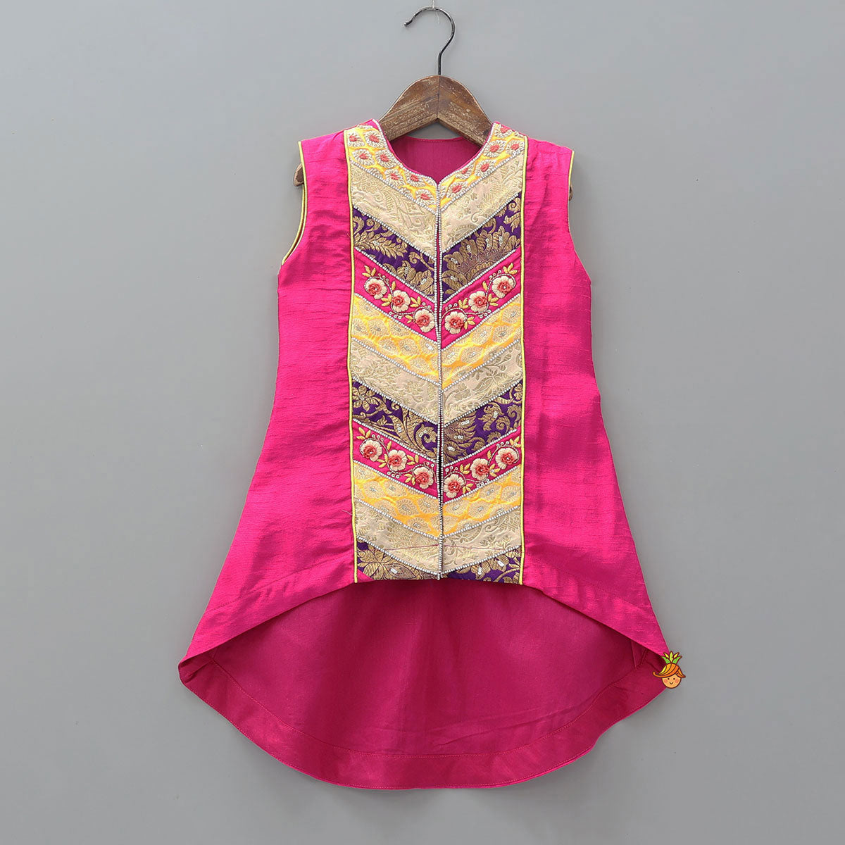 Patchwork Embroidered High Low Kurti With Dhoti