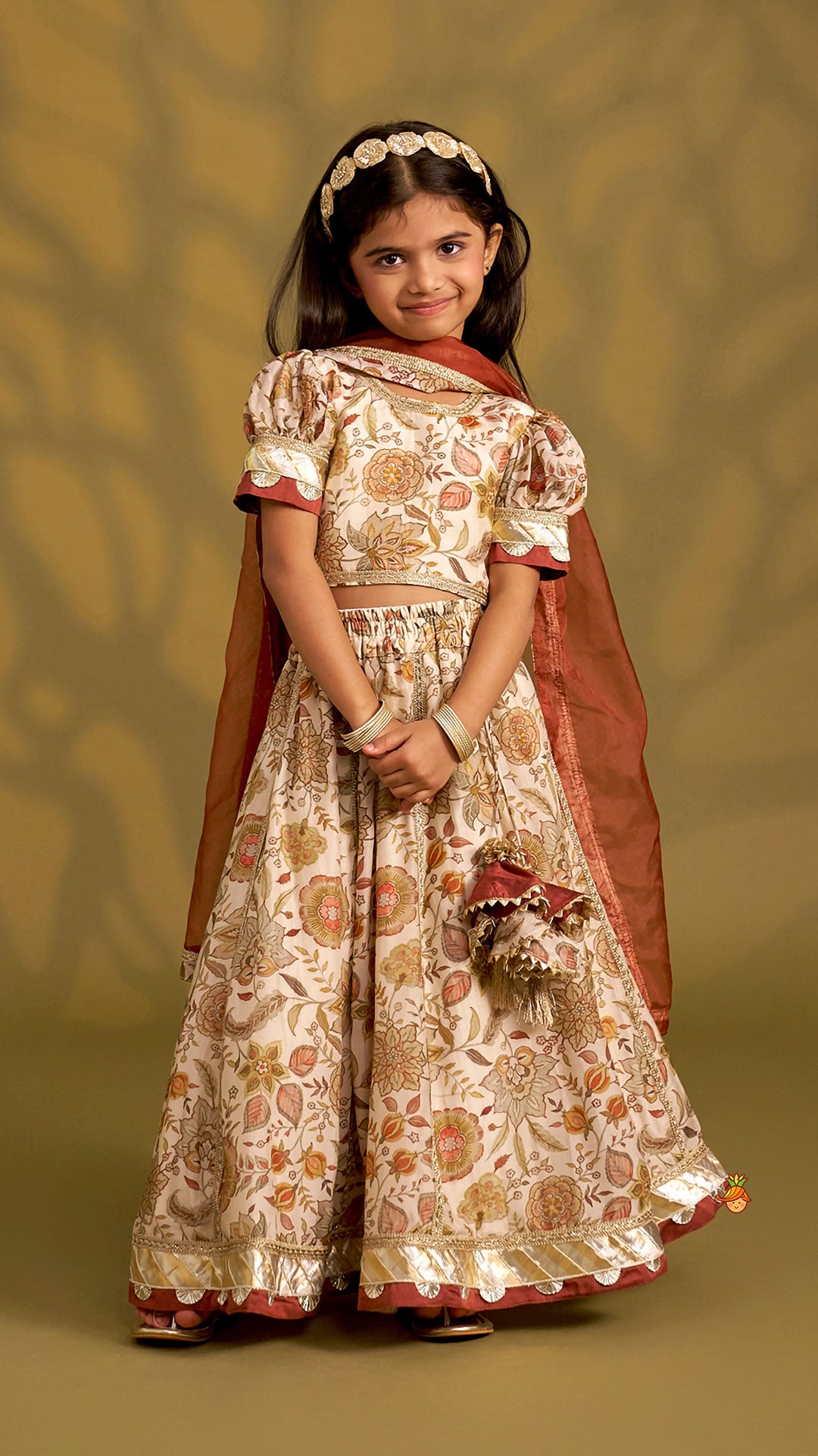 Pre Order: Round Neck Floral Top And Lace Work Lehenga With Matching Dupatta