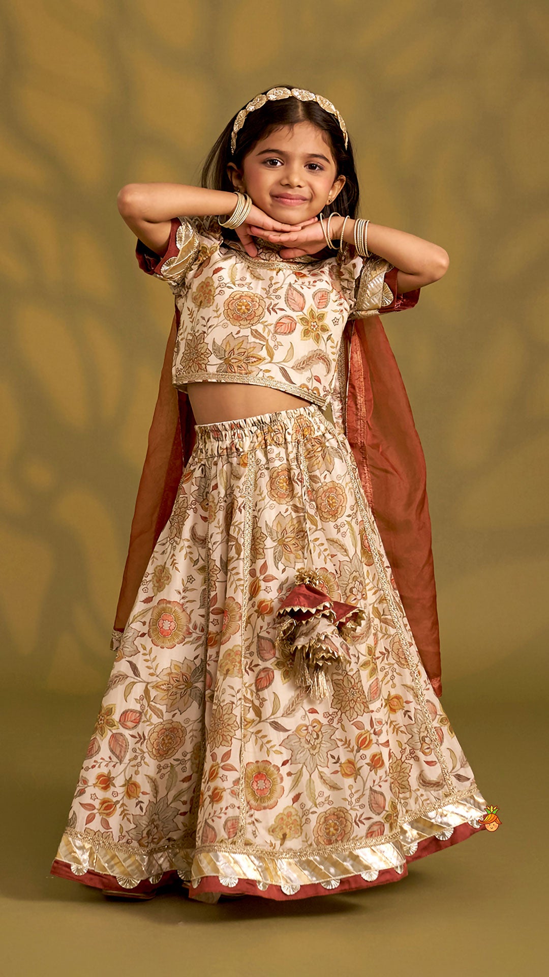 Pre Order: Round Neck Floral Top And Lace Work Lehenga With Matching Dupatta