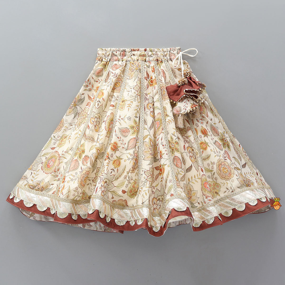 Pre Order: Round Neck Floral Top And Lace Work Lehenga With Matching Dupatta