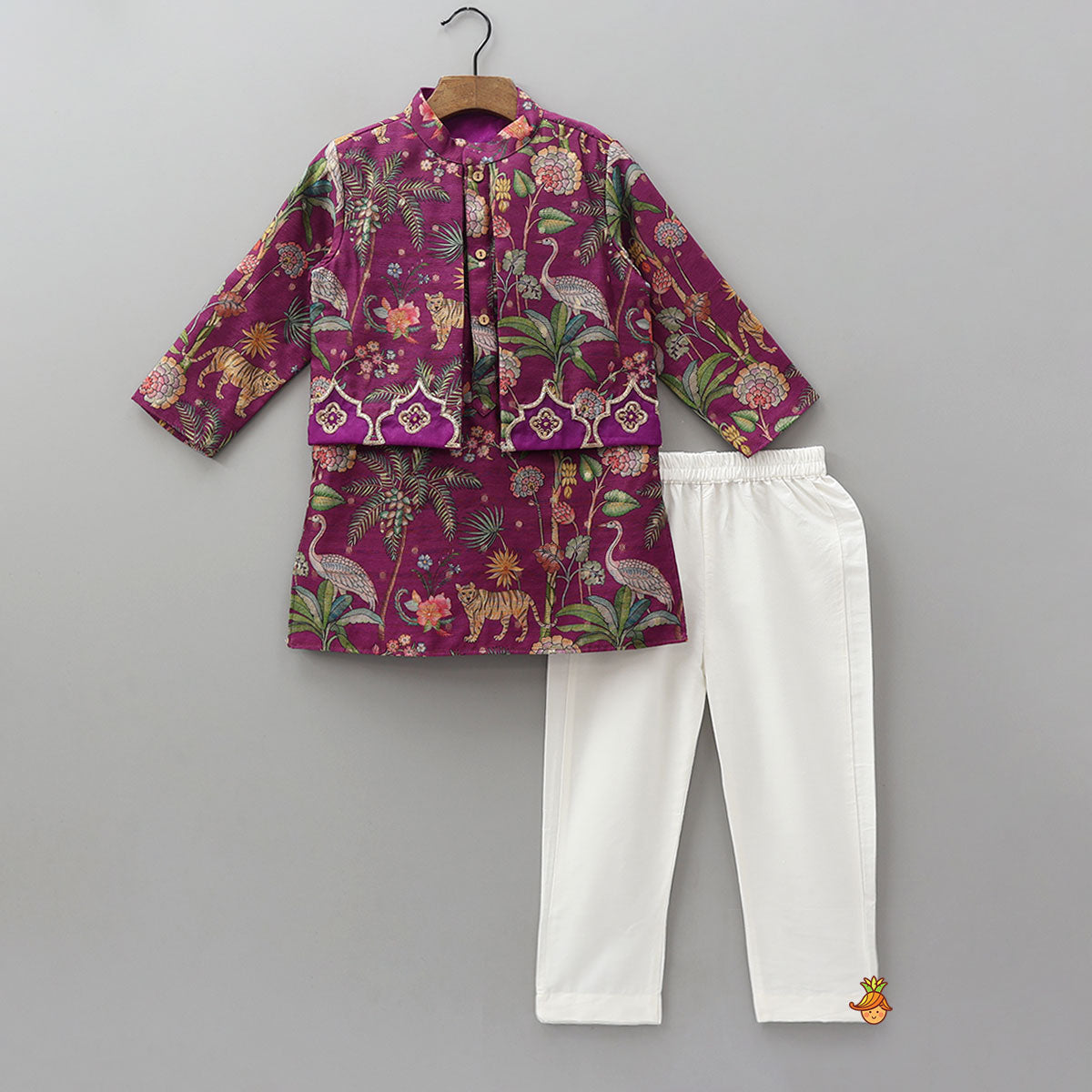 Pre Order: Jungle Printed Jacket Style Kurta With Pyjama