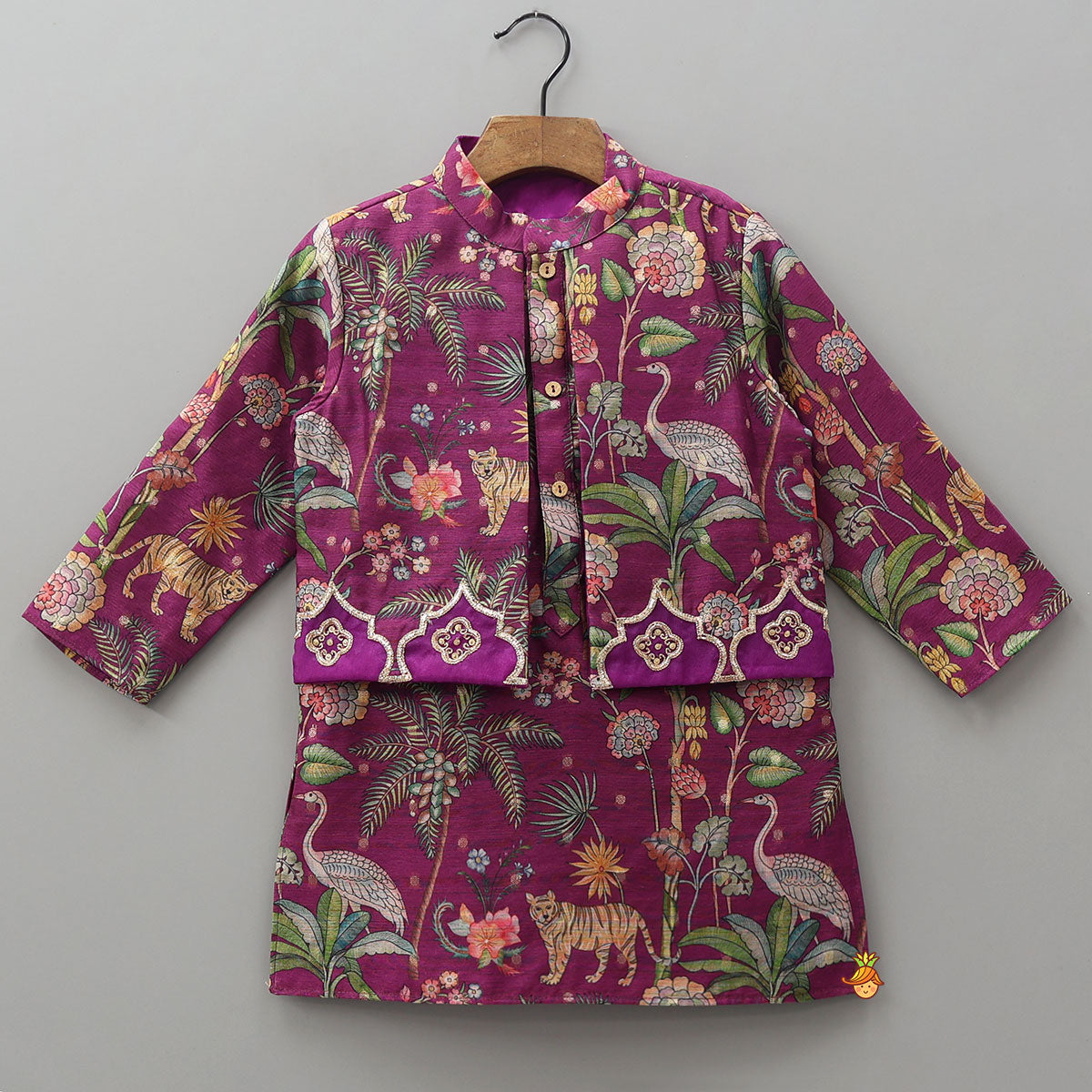 Pre Order: Jungle Printed Jacket Style Kurta With Pyjama